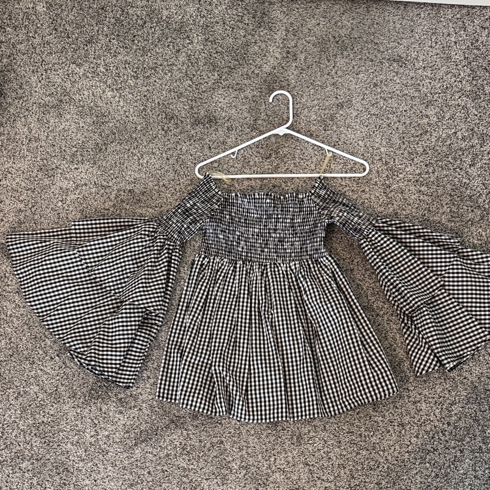 AQUA Black & White Gingham Off-Shoulder Bell Sleeve Top